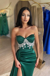 Split Front Dark Green Stain A-Line Sweetheart Sleeveless Prom Evening Dresses with Beadings